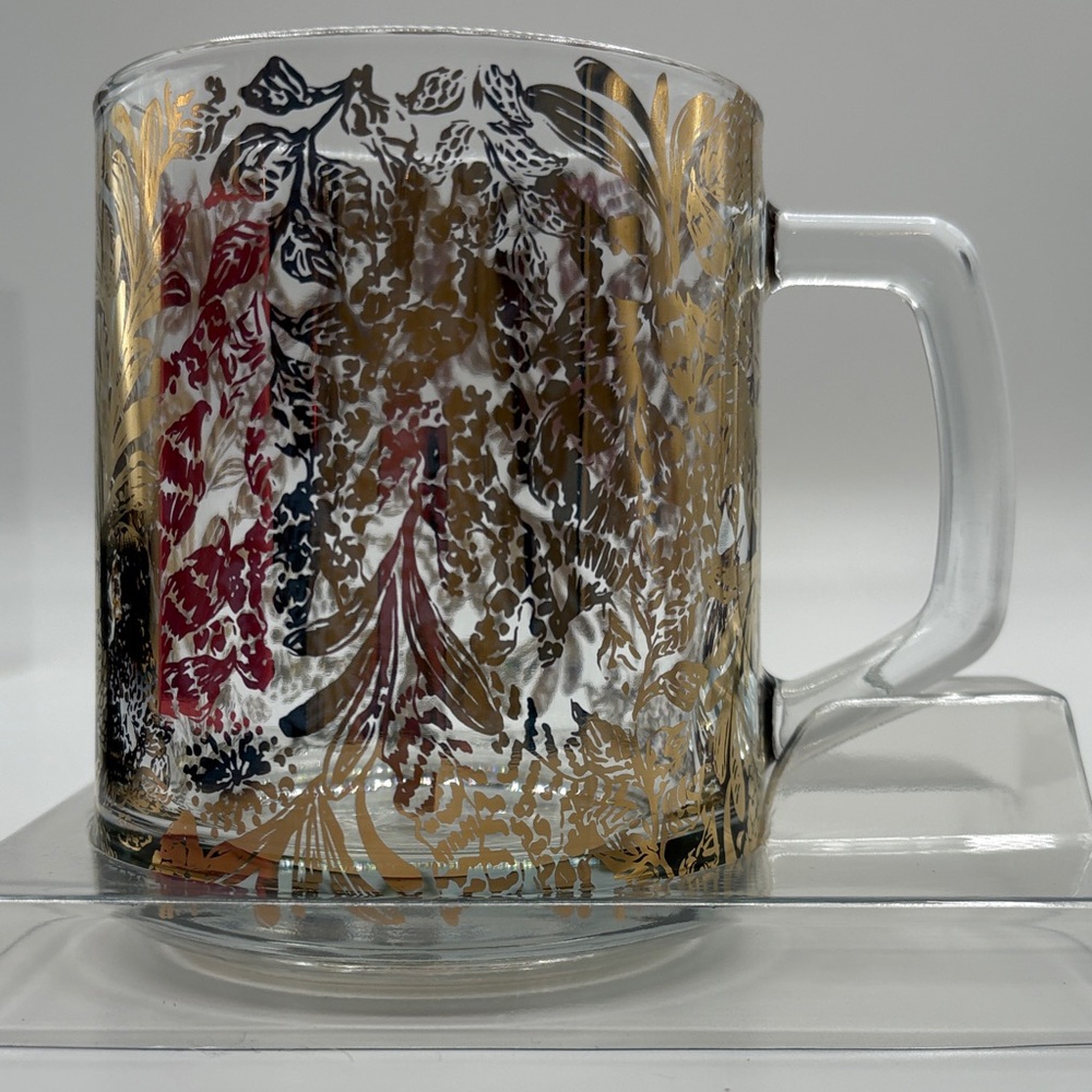 Lilly Pulitzer Clear Glass Mug with Gold Floral Accents-NEW